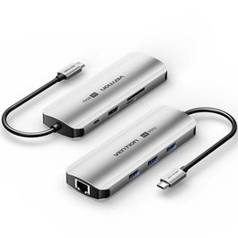 Vention Docking Station USB-C TQKHB, 1xHDMI 4K, 3xUSB, 1xUSB-C PD, 1xRJ45, Lector de tarjetas, Gris